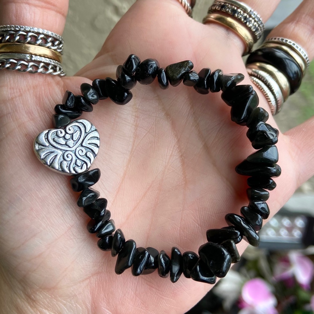 Onyx Heart Bracelet Onyx Gemstones Chips Silver Heart Charm Bracelet 25$